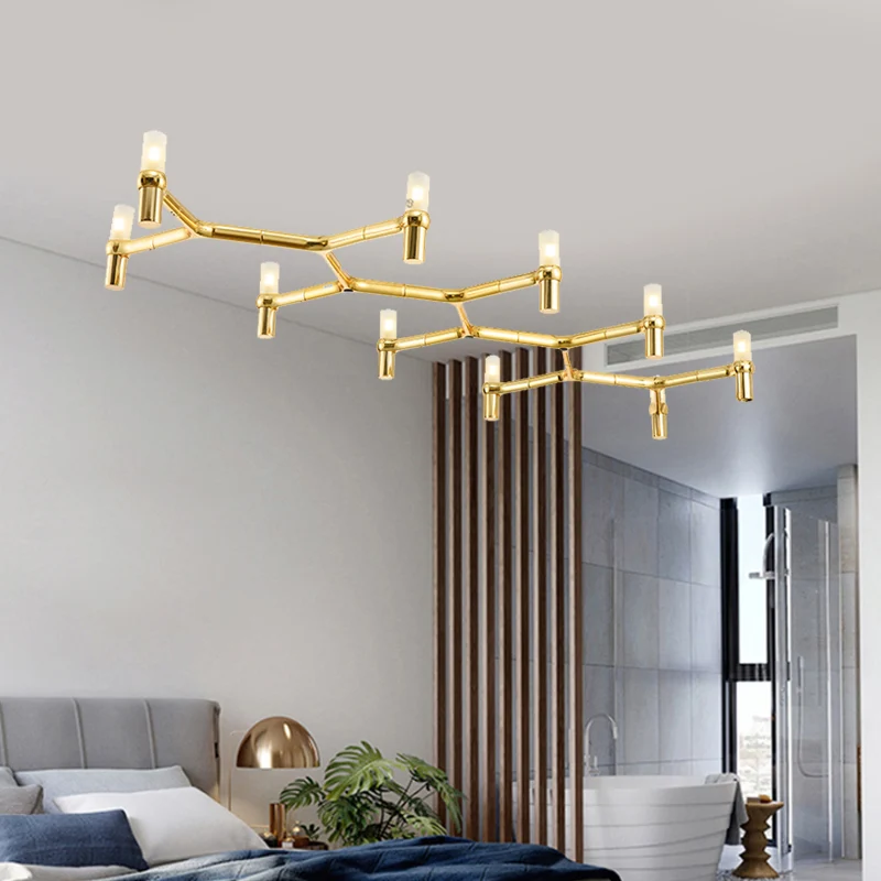 Moderne plafondhanger met 10 koppen en aluminium kap. Zwart/wit/chroom/gouden buishanglamp boven eiland Clearhalo