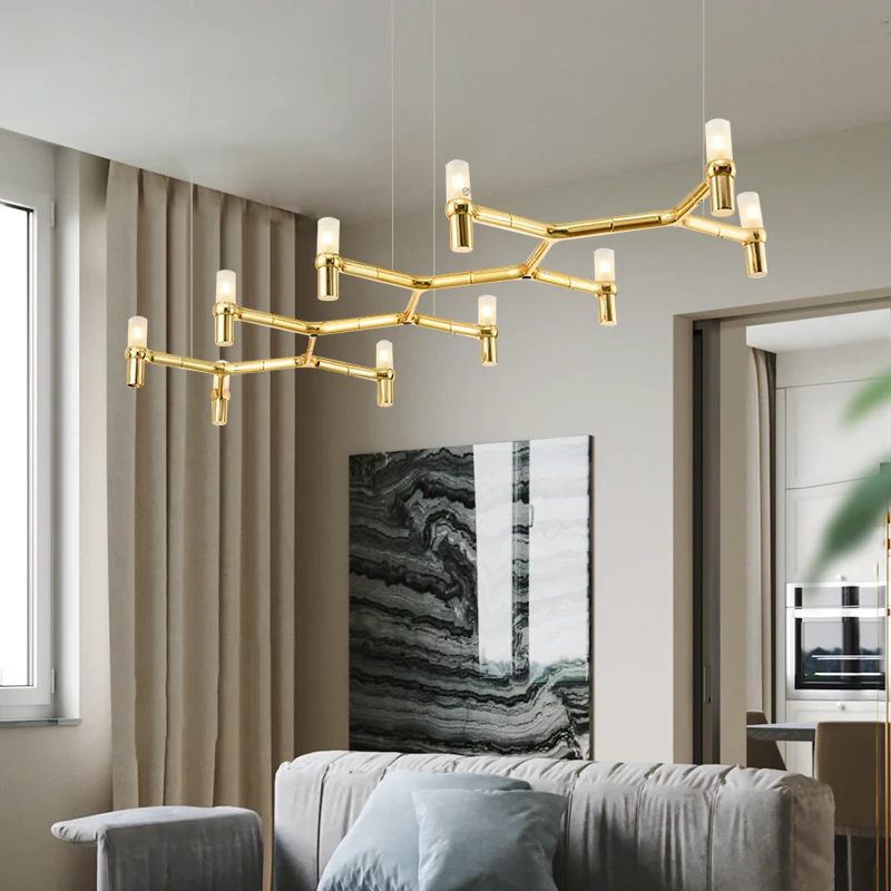 Moderne plafondhanger met 10 koppen en aluminium kap. Zwart/wit/chroom/gouden buishanglamp boven eiland Clearhalo