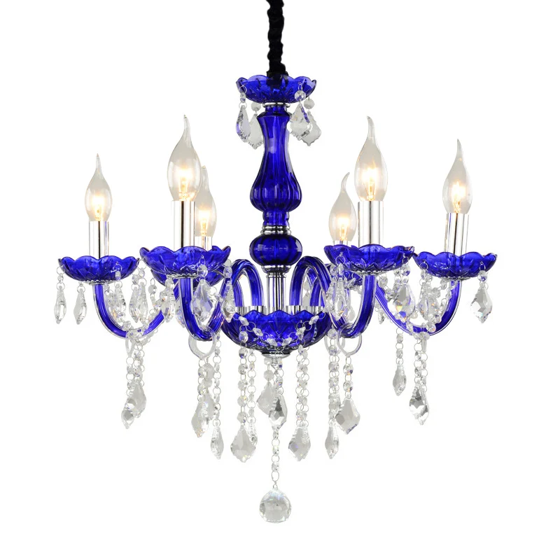 Moderne plafondkroonluchter met 6 lampen, heldere kristallen hanglamp met kaars/bel, blauw met/zonder stoffen kap Clearhalo
