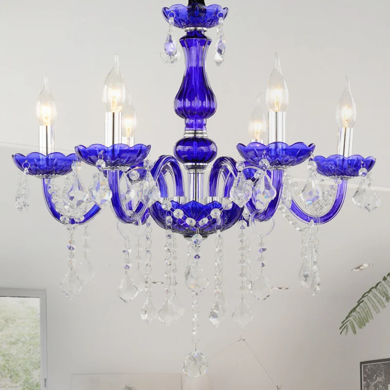 Moderne plafondkroonluchter met 6 lampen, heldere kristallen hanglamp met kaars/bel, blauw met/zonder stoffen kap Clearhalo