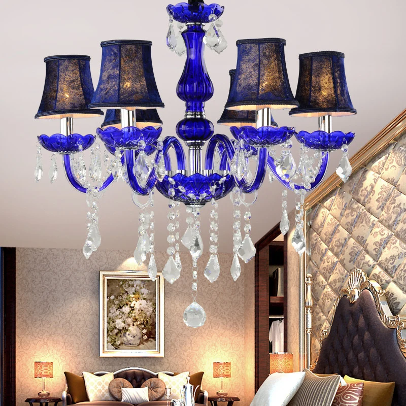 Moderne plafondkroonluchter met 6 lampen, heldere kristallen hanglamp met kaars/bel, blauw met/zonder stoffen kap Clearhalo