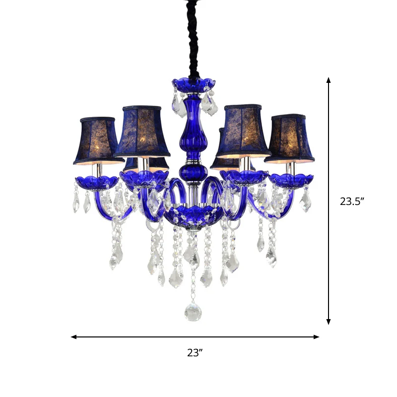 Moderne plafondkroonluchter met 6 lampen, heldere kristallen hanglamp met kaars/bel, blauw met/zonder stoffen kap Clearhalo