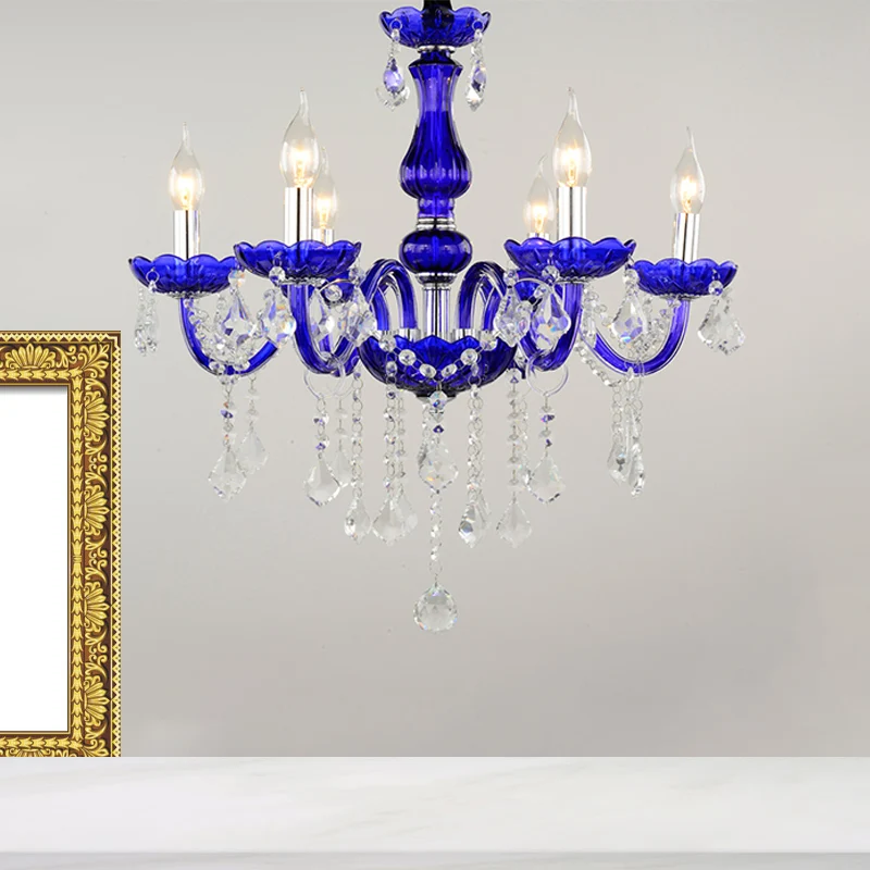 Moderne plafondkroonluchter met 6 lampen, heldere kristallen hanglamp met kaars/bel, blauw met/zonder stoffen kap Clearhalo