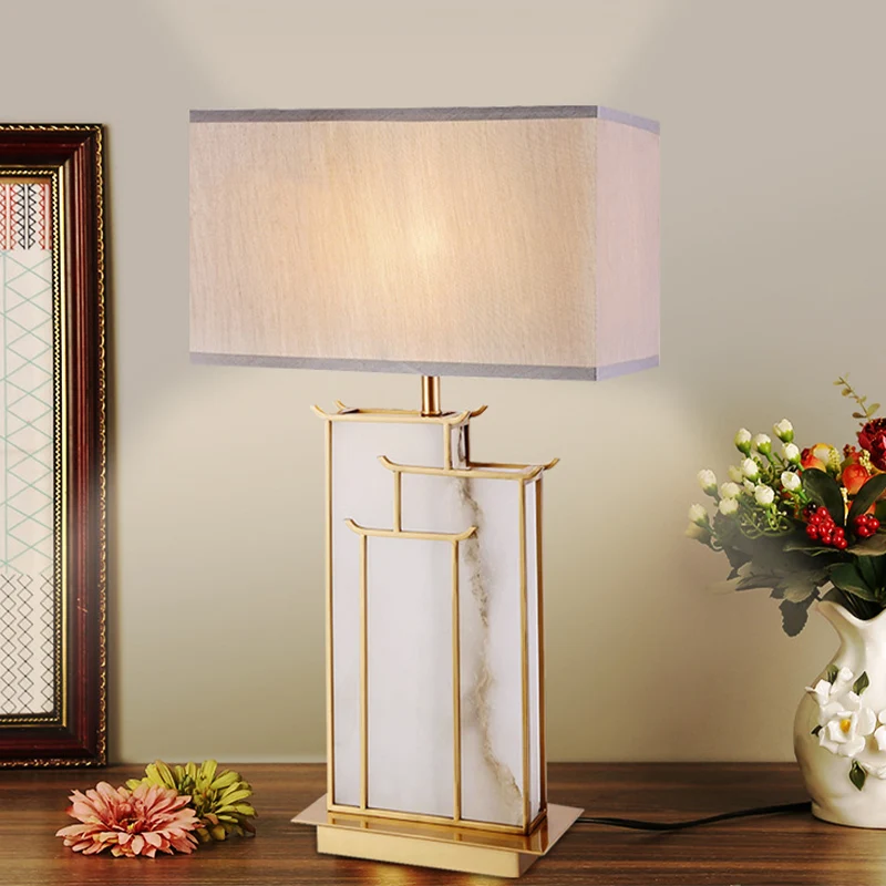 Moderne rechthoekige tafellamp van stof met 1 lamp en taakverlichting wit met marmeren voet Clearhalo
