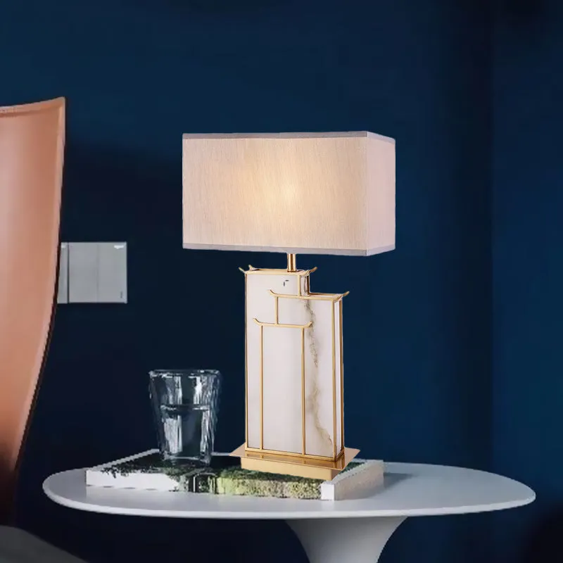 Moderne rechthoekige tafellamp van stof met 1 lamp en taakverlichting wit met marmeren voet Clearhalo