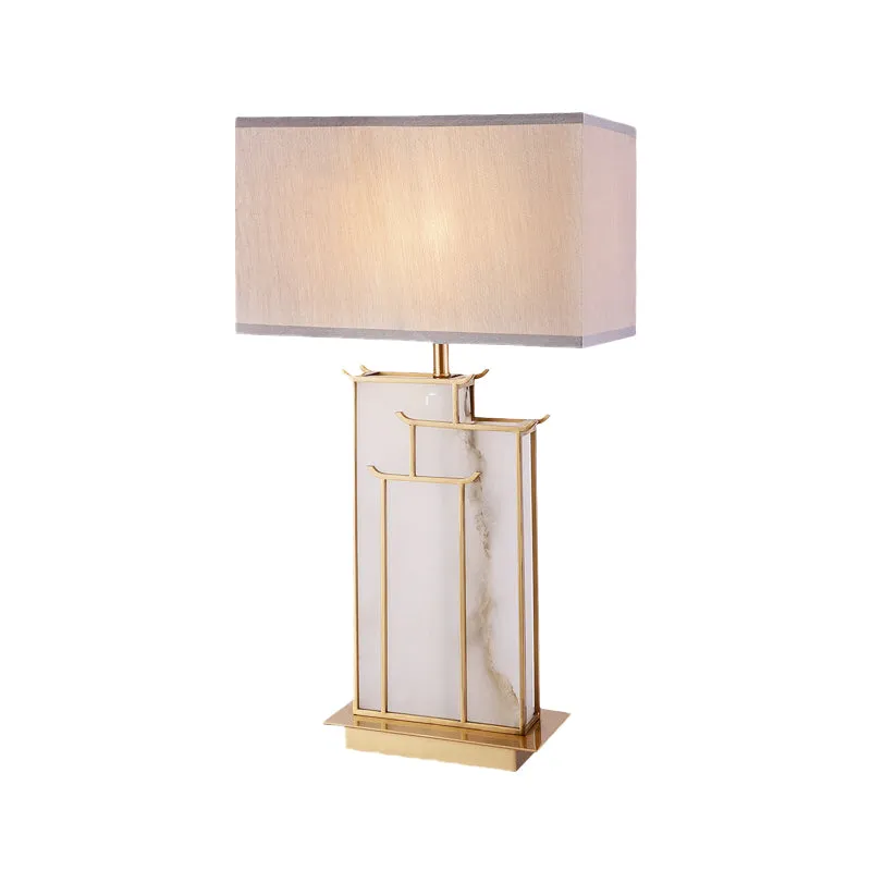 Moderne rechthoekige tafellamp van stof met 1 lamp en taakverlichting wit met marmeren voet Clearhalo