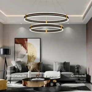 Moderne ring LED-kroonluchter, 3-kleuren licht verstelbare aluminium meerlaagse hanglamp zwart Clearhalo