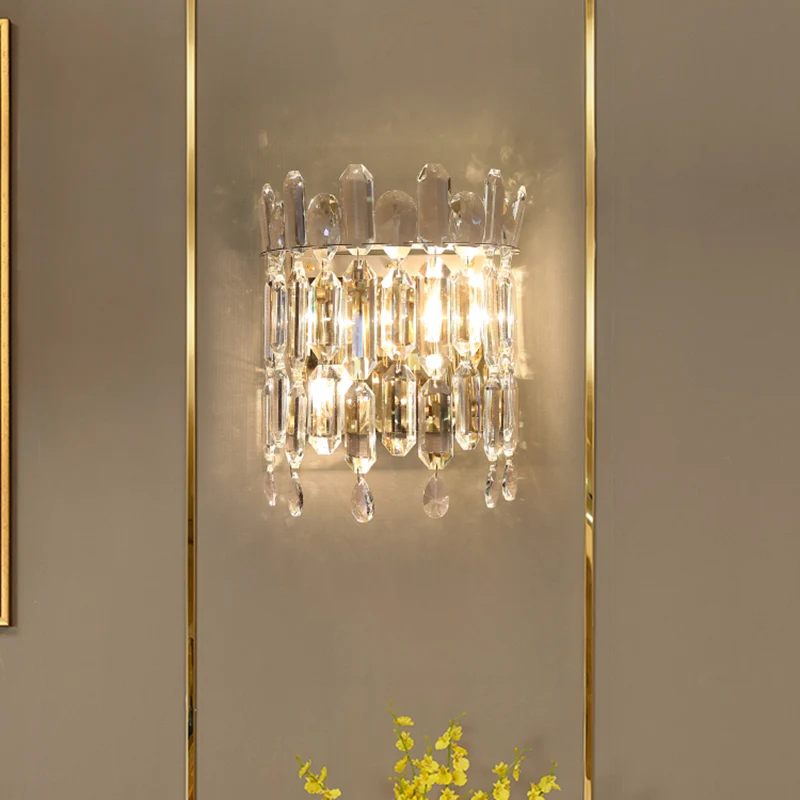 Moderne semi-drum wandmontage verlichting helder kristal 2 hoofden woonkamer schanslamp armatuur Clearhalo