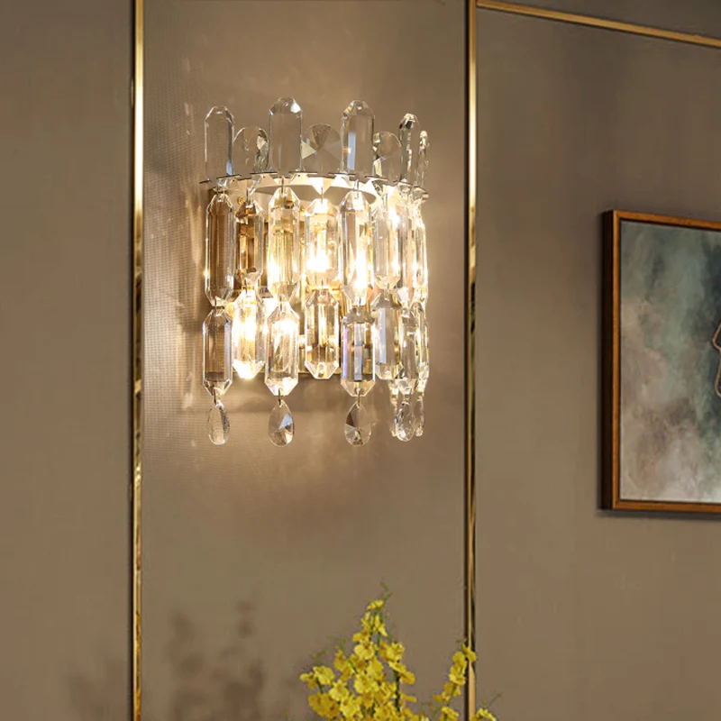 Moderne semi-drum wandmontage verlichting helder kristal 2 hoofden woonkamer schanslamp armatuur Clearhalo