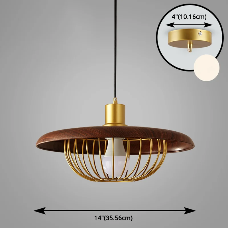 Moderne stijl houten hanglamp met gouden metalen kooi lampenkap enkele lamp hanglamp voor koffieshop Clearhalo