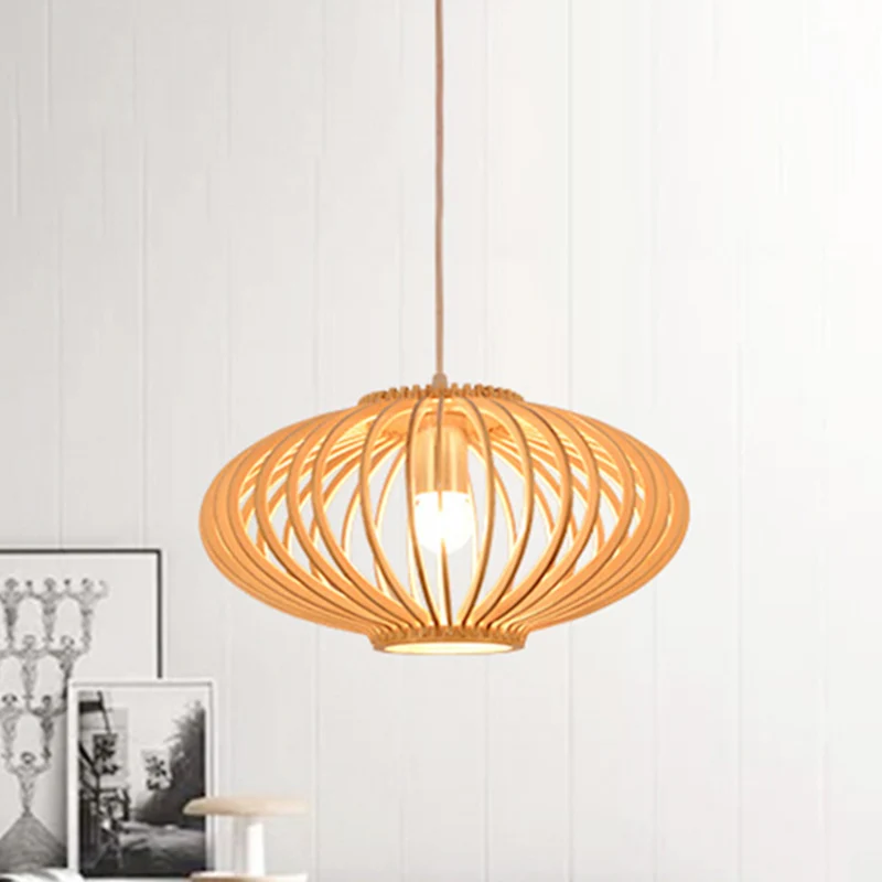 Moderne stijl lantaarnontwerp hanglamp houten 1-lichts woonkamer hanglamp beige Clearhalo