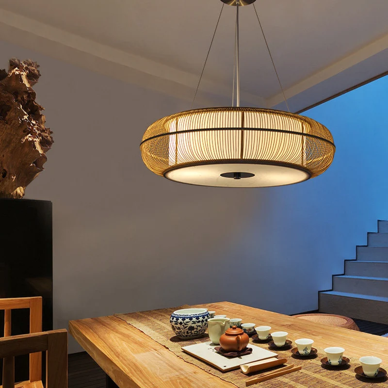 Moderne, stijlvolle hanglamp met trommelkap, bamboe, 3-koppige eetkamerplafondlamp zwart/hout Clearhalo