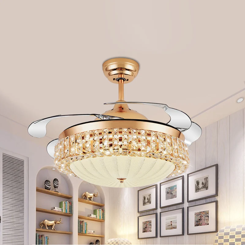 Moderne stijlvolle plafondventilator lichtstrip kristal LED woonkamer hanglamp goud met frequentieomvormer/afstandsbedieni...