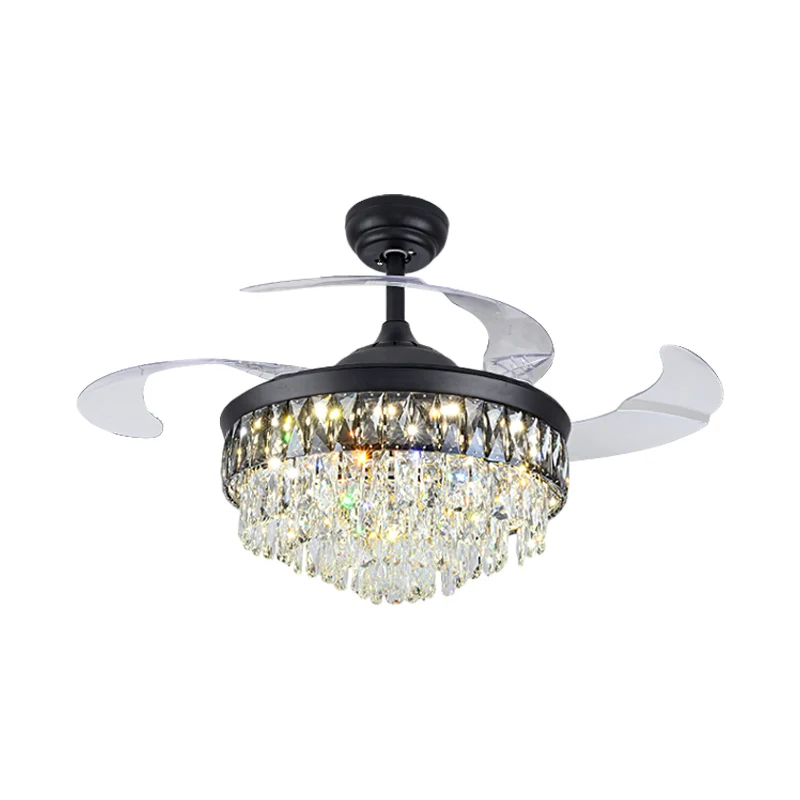 19" W moderne taps toelopende semi-inbouw handgesneden kristallen LED salon hangende ventilatorlamp zwart met 4 bladen Cle...