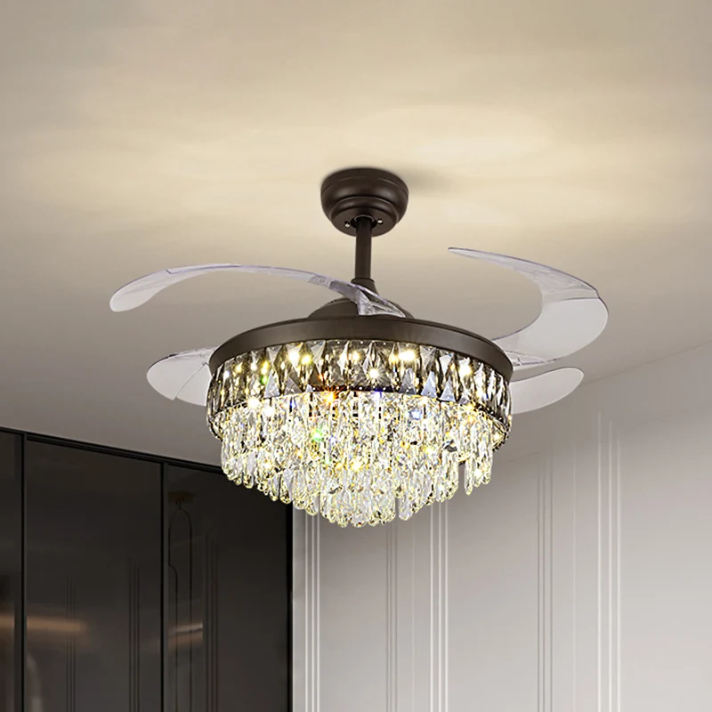 19" W moderne taps toelopende semi-inbouw handgesneden kristallen LED salon hangende ventilatorlamp zwart met 4 bladen Cle...