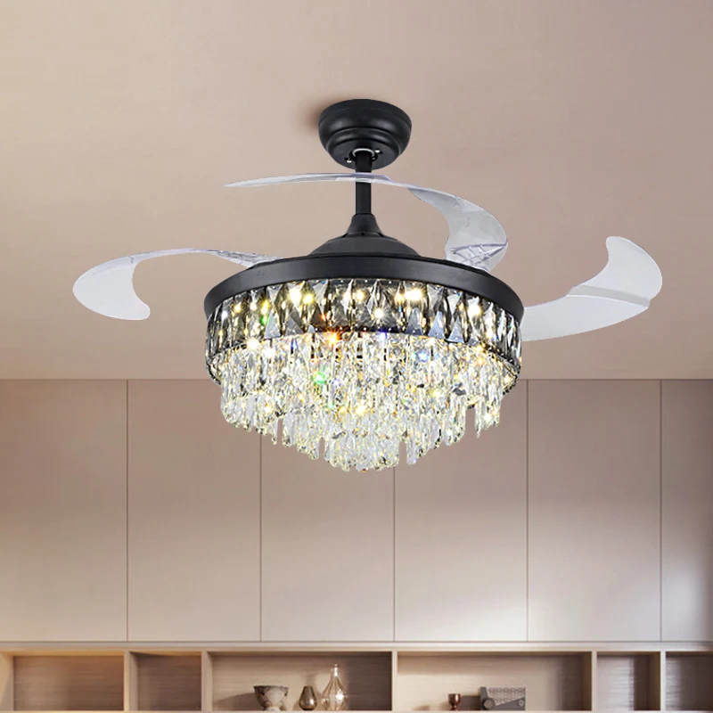 19" W moderne taps toelopende semi-inbouw handgesneden kristallen LED salon hangende ventilatorlamp zwart met 4 bladen Cle...