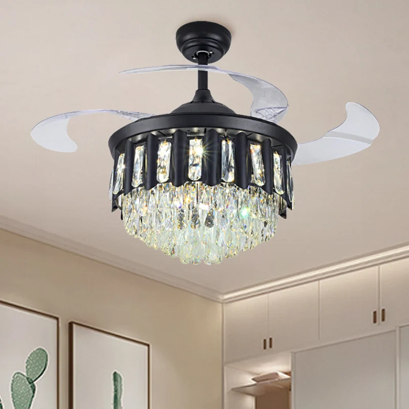 19" W moderne taps toelopende semi-inbouw handgesneden kristallen LED salon hangende ventilatorlamp zwart met 4 bladen Cle...