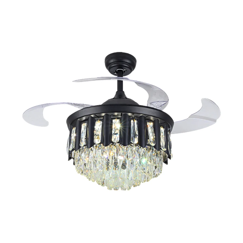19" W moderne taps toelopende semi-inbouw handgesneden kristallen LED salon hangende ventilatorlamp zwart met 4 bladen Cle...