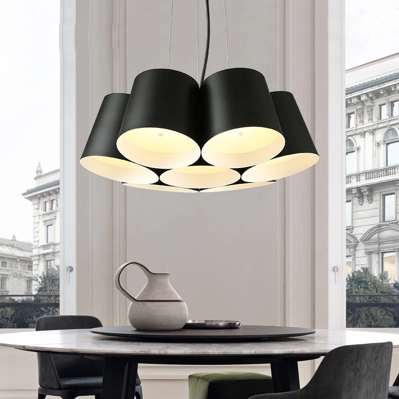 Moderne trommelhangende kroonluchter van metaal, 3/7-lichts slaapkamer LED-hangende plafondlamp zwart Clearhalo