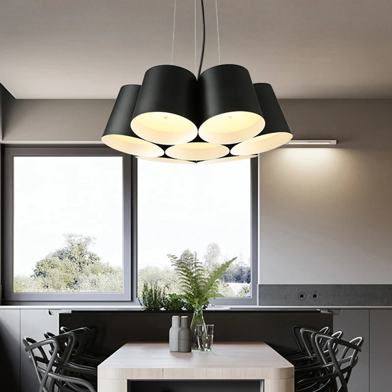 Moderne trommelhangende kroonluchter van metaal, 3/7-lichts slaapkamer LED-hangende plafondlamp zwart Clearhalo