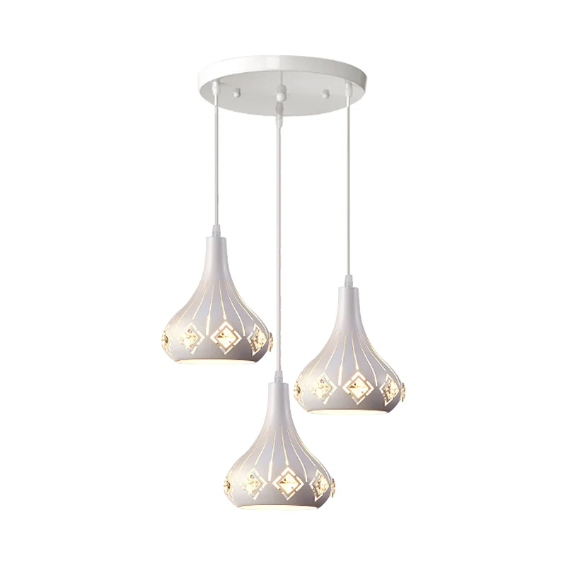 Moderne urnvormige multi-plafondlamp van metaal met 3 lampen en restaurant-slingerlamp wit met kristallen accent Clearhalo