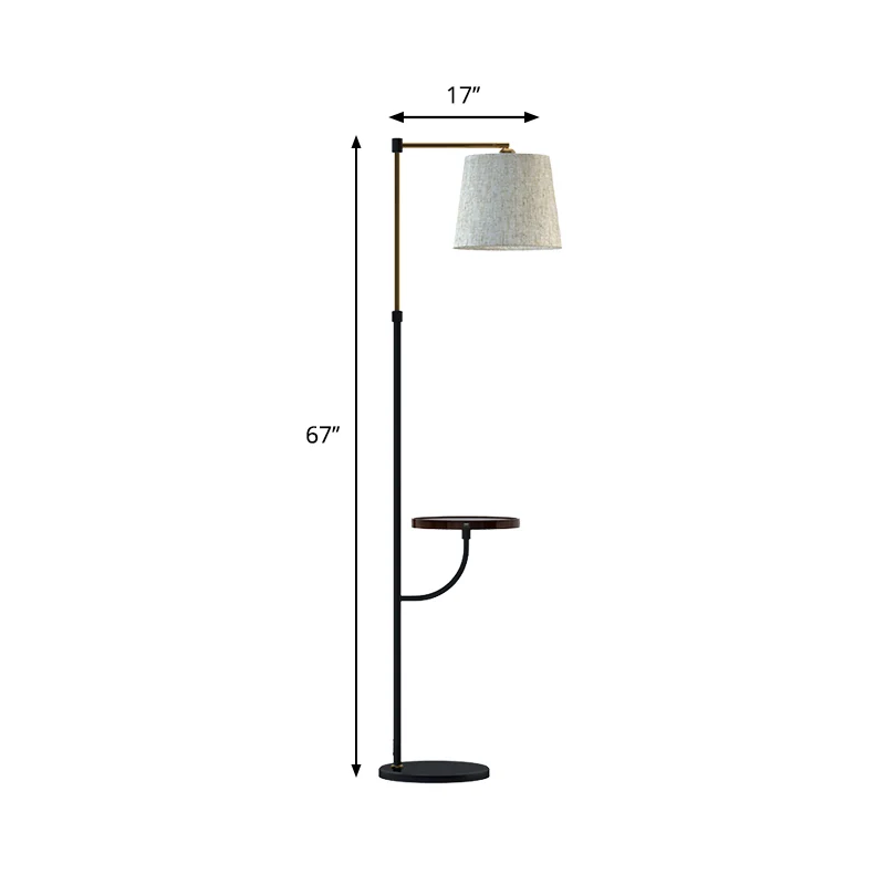 Moderne vloerlamp met haakse arm, metaal, 1-lichts woonkamervloer-bureaulamp met ton beige stoffen kap zwart-goud Clearhalo