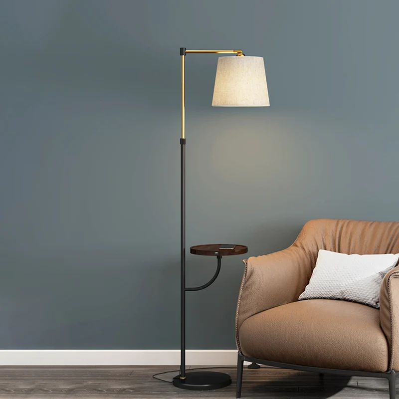 Moderne vloerlamp met haakse arm, metaal, 1-lichts woonkamervloer-bureaulamp met ton beige stoffen kap zwart-goud Clearhalo