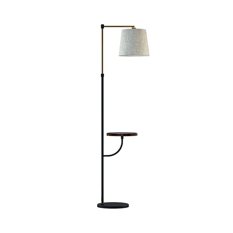 Moderne vloerlamp met haakse arm, metaal, 1-lichts woonkamervloer-bureaulamp met ton beige stoffen kap zwart-goud Clearhalo