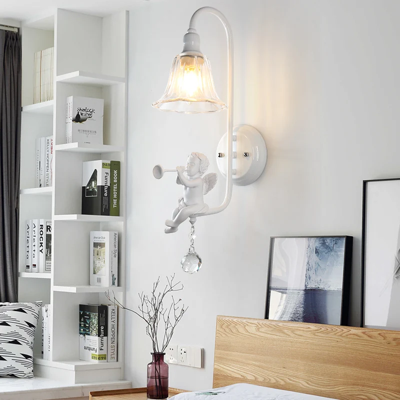 Moderne witte wandlamp Bell Shade 1 kops metalen wandlamp met engel voor kinderslaapkamer Clearhalo