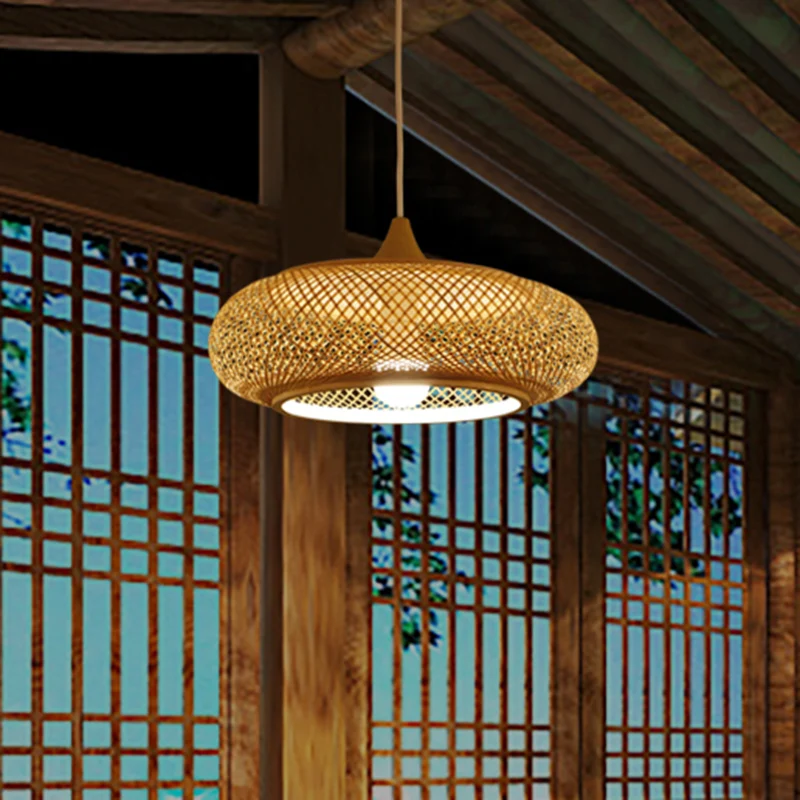 Modernisme 1-lamps hangende verlichting Houten donut/hoed hangende lamp met bamboe kap Clearhalo