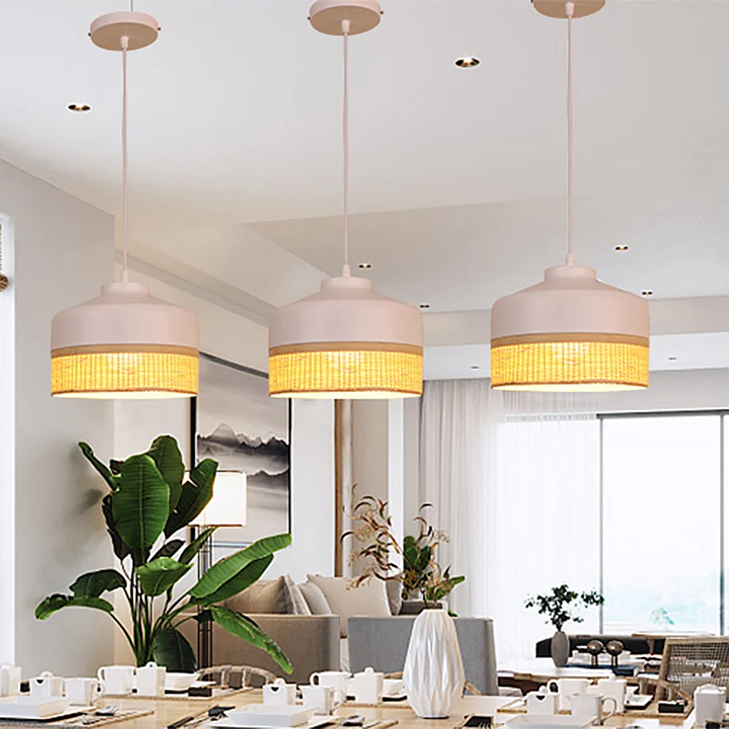 Modernisme 1-lichts hanglamp wit en beige altaarhanglamp met lampenkap van bamboerotan Clearhalo