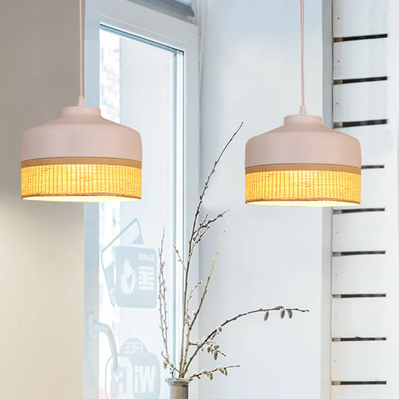 Modernisme 1-lichts hanglamp wit en beige altaarhanglamp met lampenkap van bamboerotan Clearhalo