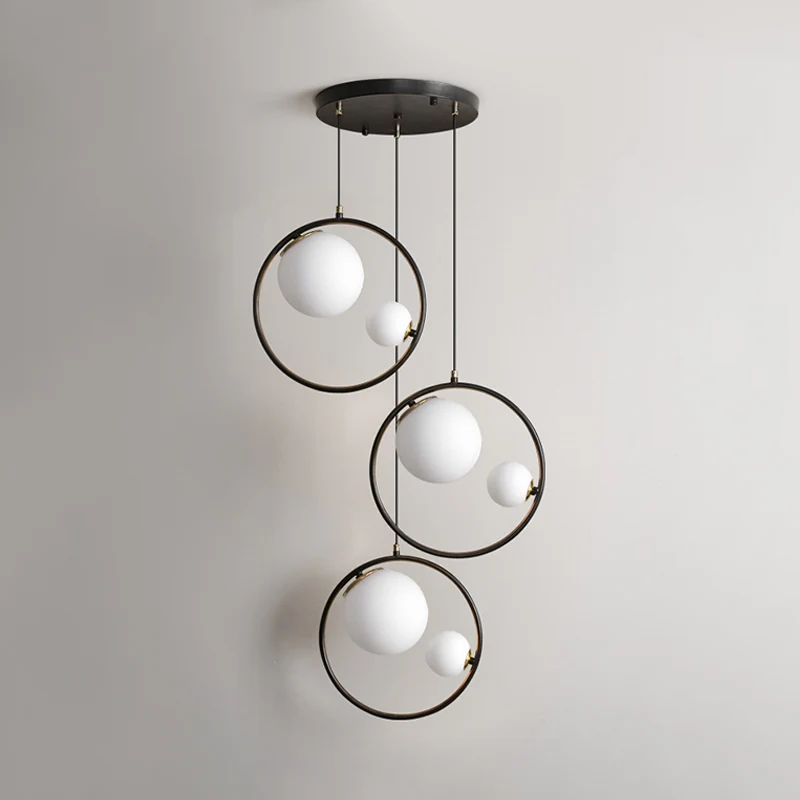 Modernisme 6-lichts multi-pendel zwarte bol hangende plafondlamp met kap en ring van opaalglas Clearhalo