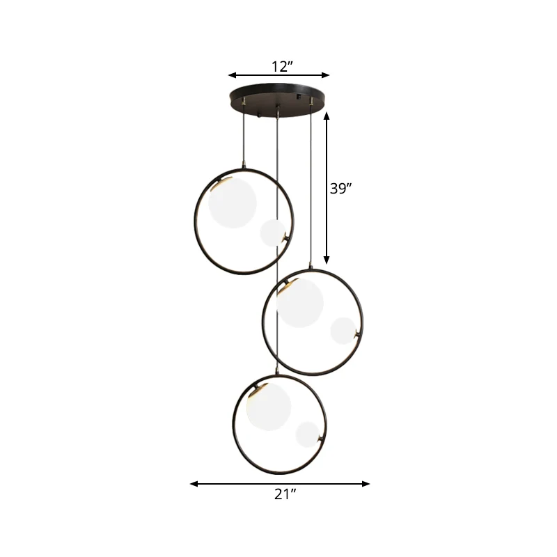 Modernisme 6-lichts multi-pendel zwarte bol hangende plafondlamp met kap en ring van opaalglas Clearhalo