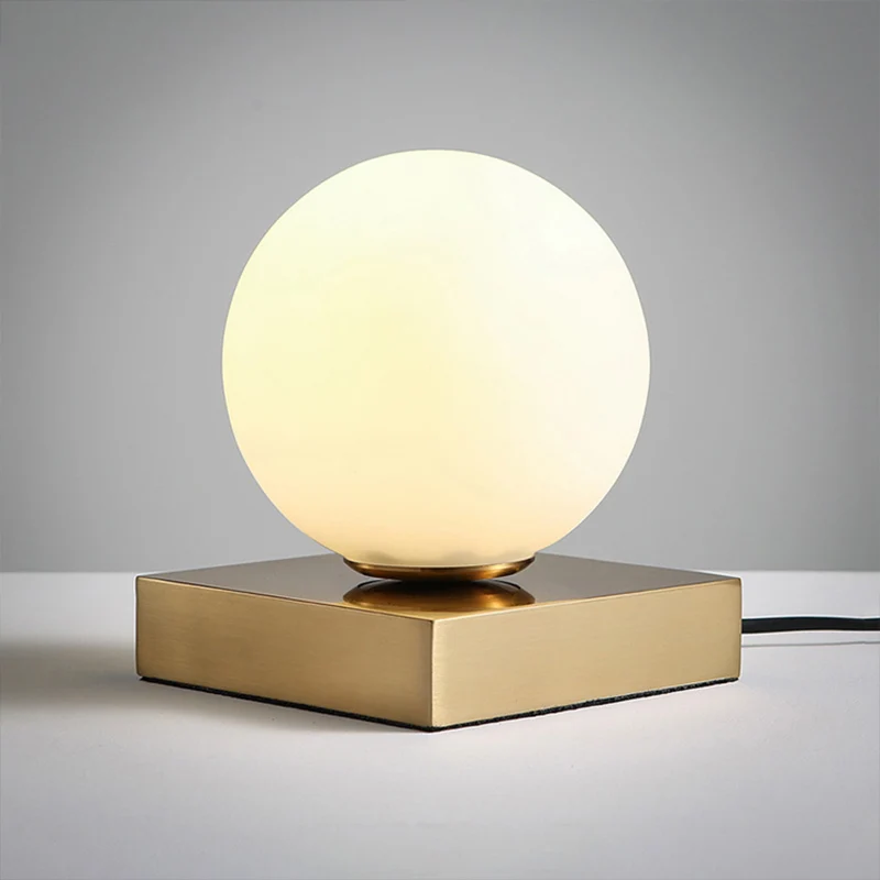 Modernisme ronde bal tafellamp wit glas 1 hoofd nachtkastje verlichting met metalen vierkante voet Clearhalo