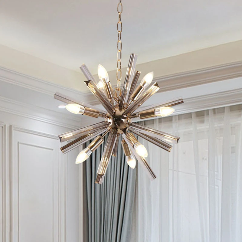 Modernisme Starburst kroonluchter hanglamp kristal 9/16 lichten hangende plafondlamp grijs Clearhalo