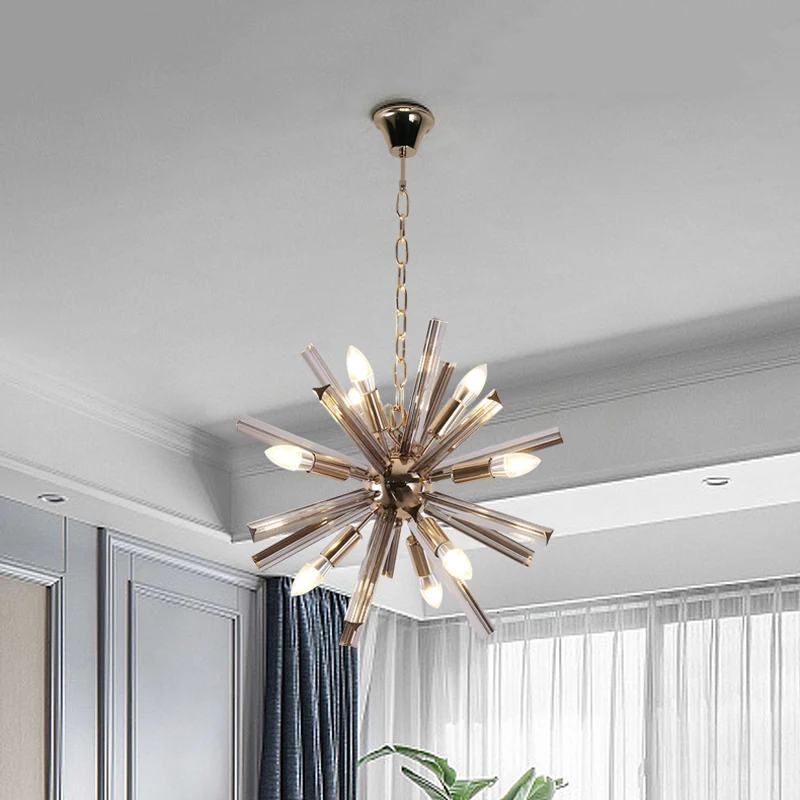 Modernisme Starburst kroonluchter hanglamp kristal 9/16 lichten hangende plafondlamp grijs Clearhalo