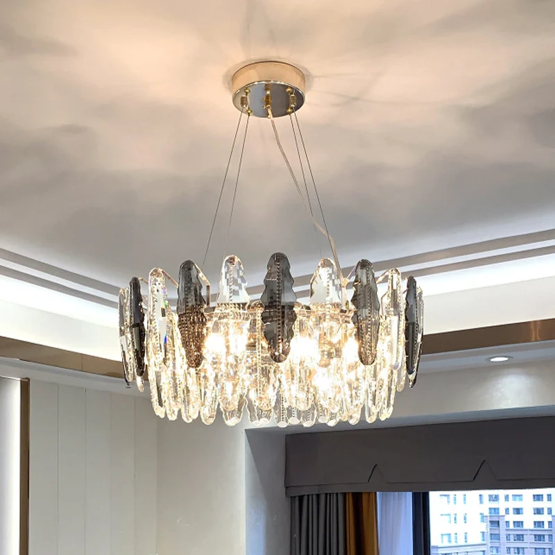Modernistische 2-laags ophangverlichting 6 koppen Helder en rookgrijs kristallen kroonluchterlicht Clearhalo