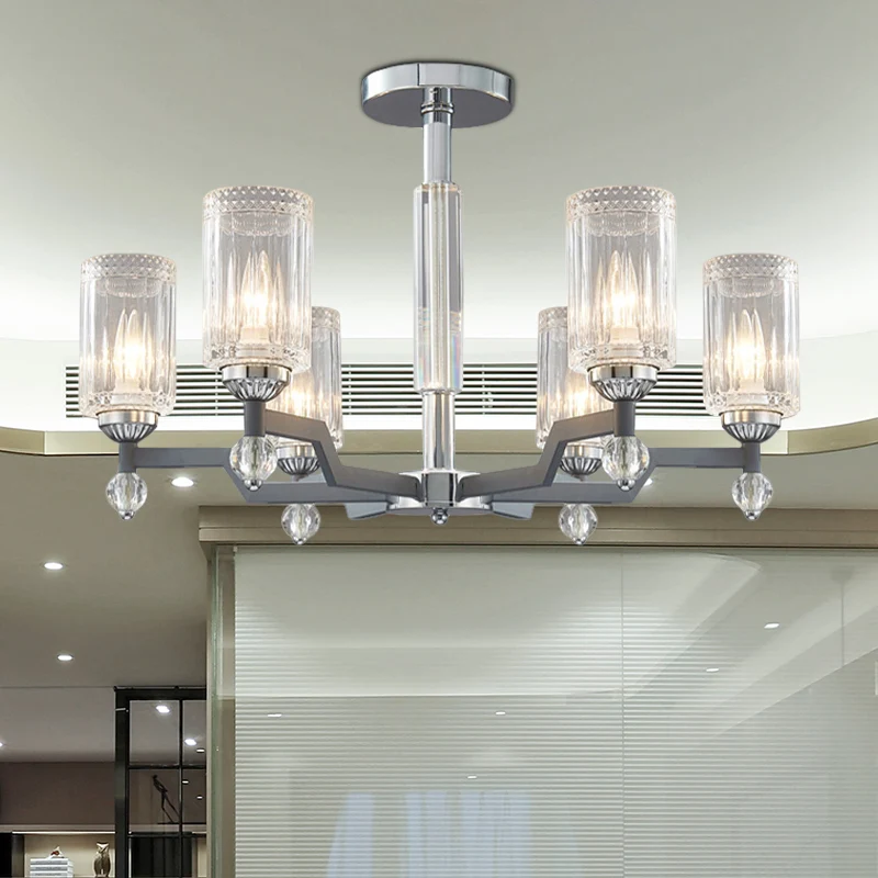 Modernistische 3/6-koppige plafondverzonken cilindrische kristallen semi-inbouwlamp chroom Clearhalo