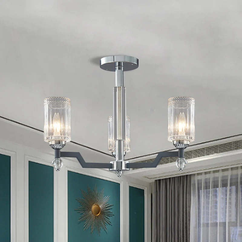Modernistische 3/6-koppige plafondverzonken cilindrische kristallen semi-inbouwlamp chroom Clearhalo