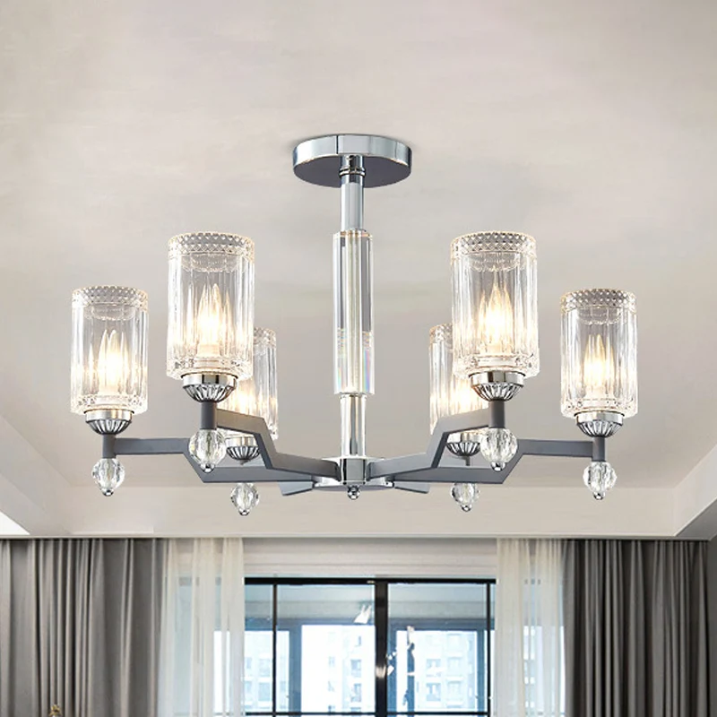 Modernistische 3/6-koppige plafondverzonken cilindrische kristallen semi-inbouwlamp chroom Clearhalo