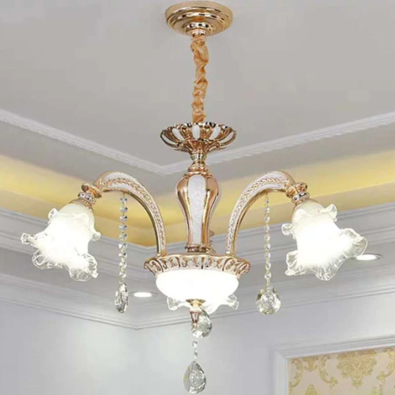 Modernistische bloemenhanglampset Helderglazen woonkamer kristallen kroonluchterlamp goud Clearhalo