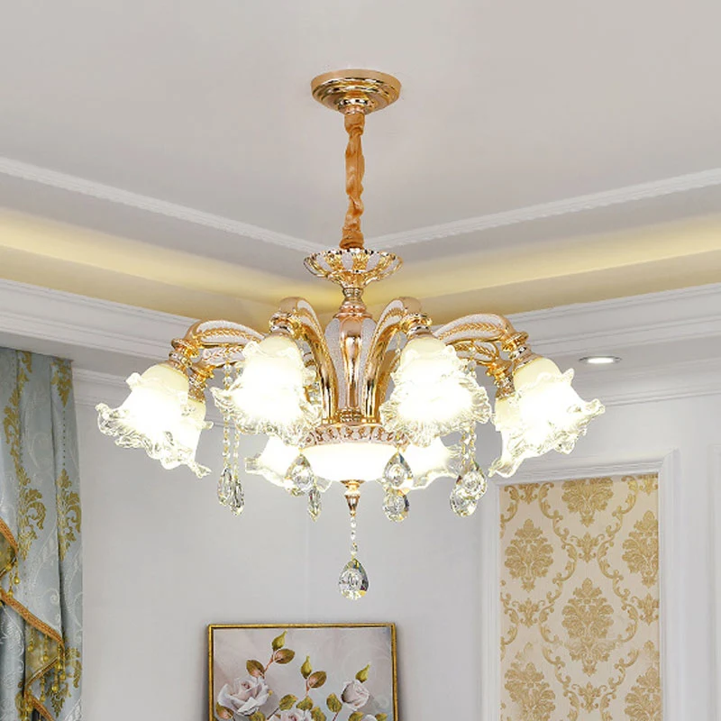 Modernistische bloemenhanglampset Helderglazen woonkamer kristallen kroonluchterlamp goud Clearhalo