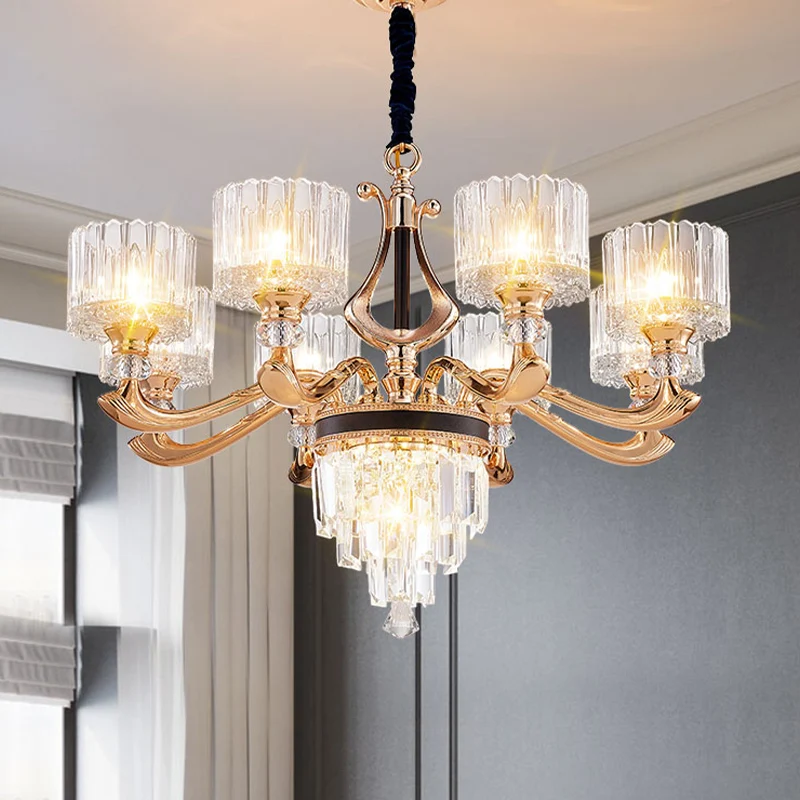 Modernistische Drum-plafondkroonluchter 6/8-lamps kristallen rechthoekige hanglamp zwart en goud Clearhalo