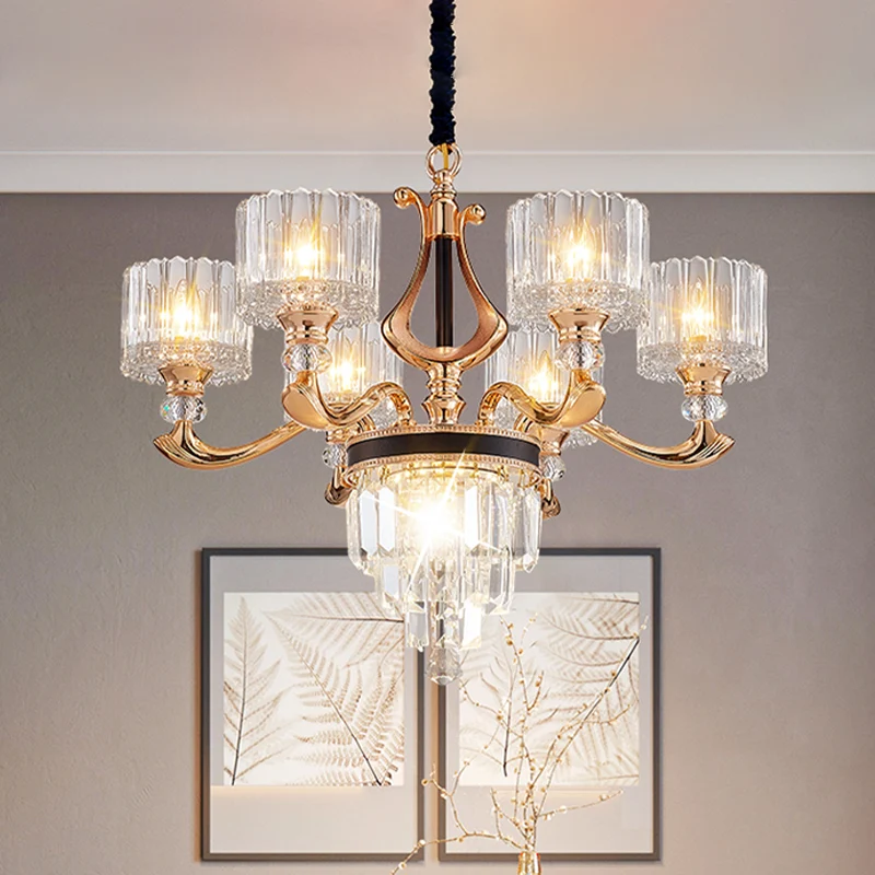 Modernistische Drum-plafondkroonluchter 6/8-lamps kristallen rechthoekige hanglamp zwart en goud Clearhalo