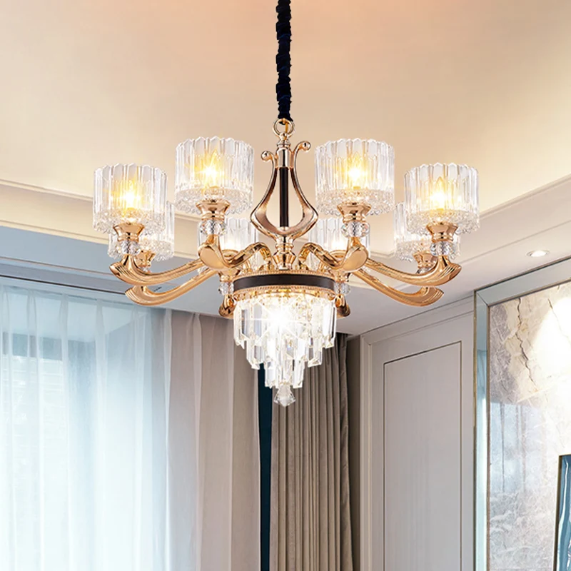 Modernistische Drum-plafondkroonluchter 6/8-lamps kristallen rechthoekige hanglamp zwart en goud Clearhalo