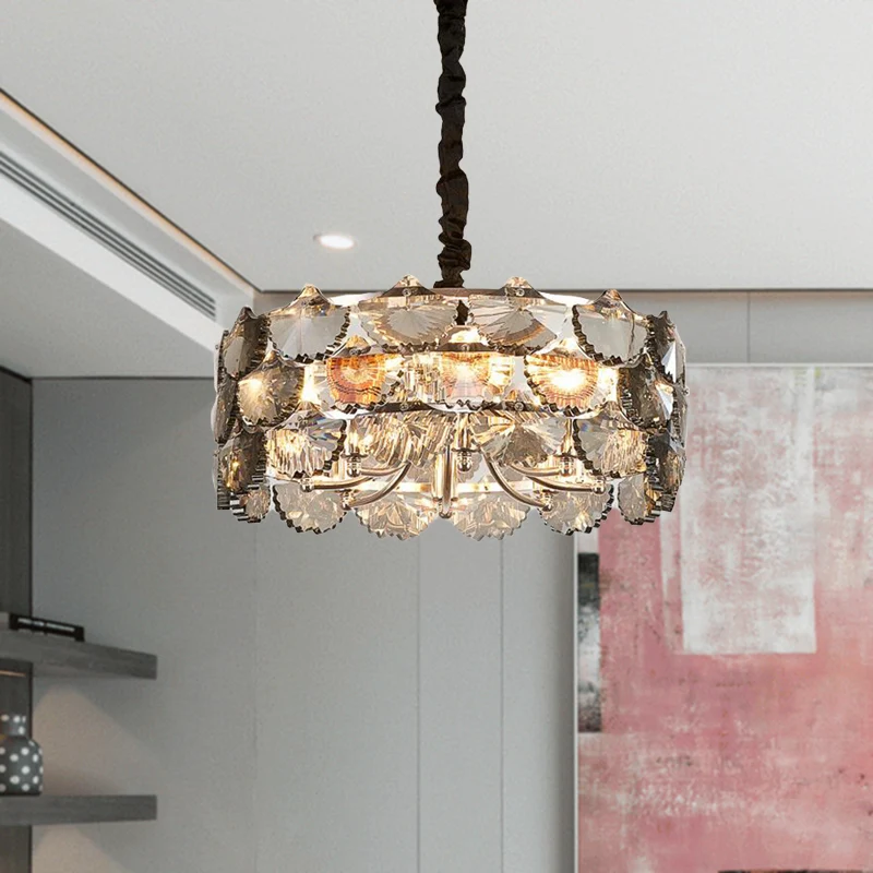 Modernistische Drum-plafondkroonluchter Grijs Kristalblok 6 Lampen Keukenhanglamp goud Clearhalo