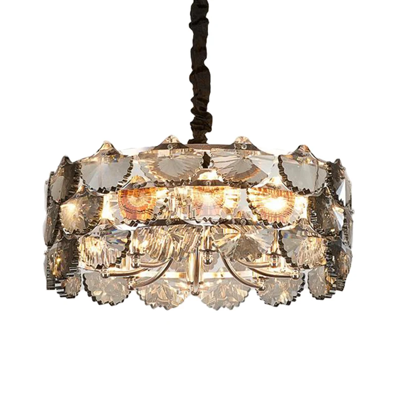 Modernistische Drum-plafondkroonluchter Grijs Kristalblok 6 Lampen Keukenhanglamp goud Clearhalo