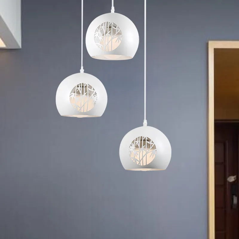 Modernistische Global Multi Light hangende ijzeren 3-lichts eetkamer hanglamp wit met lasergesneden bamboepatroon Clearhalo