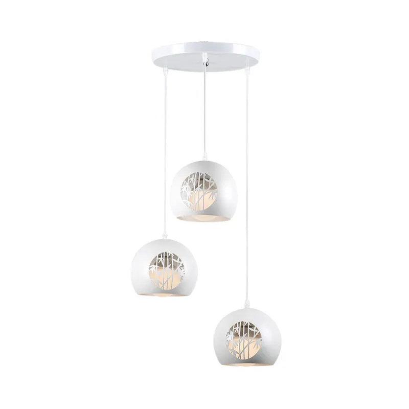 Modernistische Global Multi Light hangende ijzeren 3-lichts eetkamer hanglamp wit met lasergesneden bamboepatroon Clearhalo